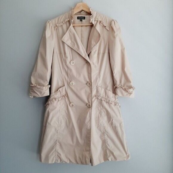 BEBE Light Short Coat Jacket w Ruffle Details Beige Sz S Flawed - Picture 2 of 15